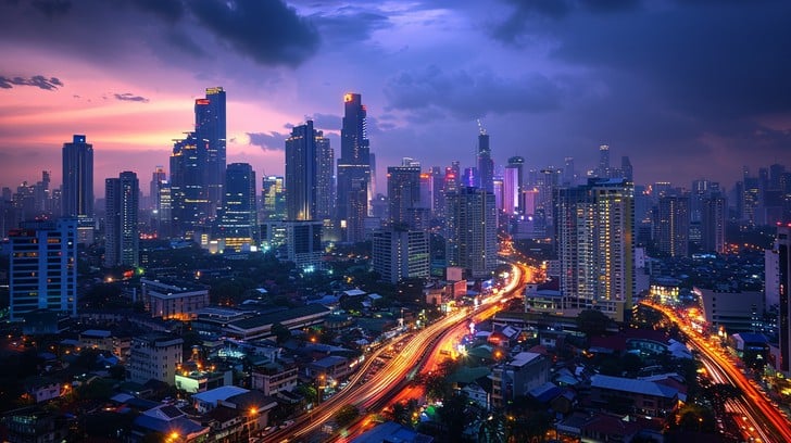 skyline view with modern towers and city lights